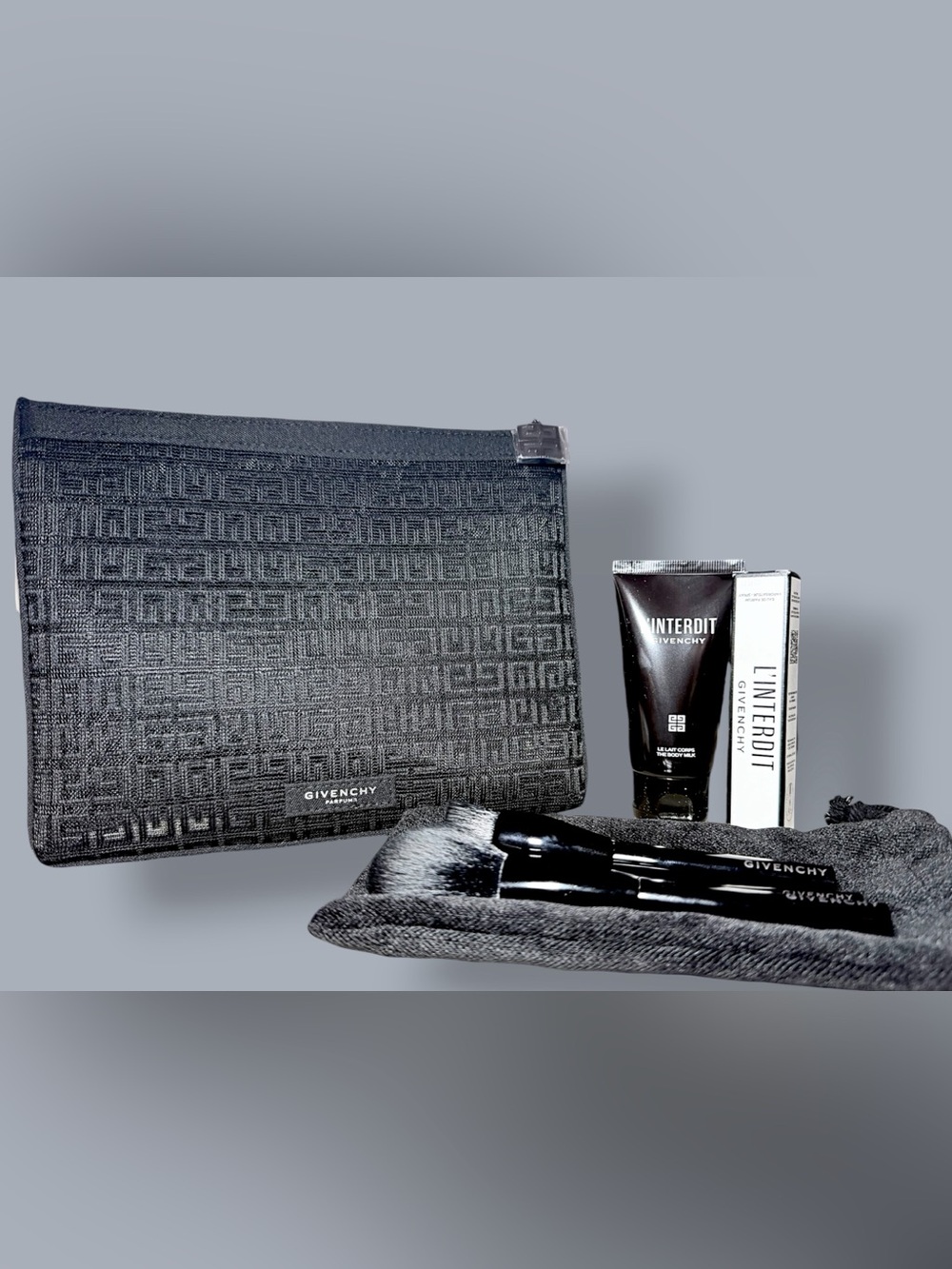Givenchy BlackPouch, Brush Set & Travel size Bundle